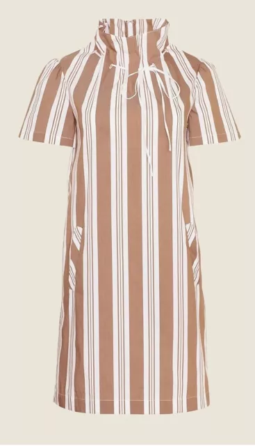$375 Pearl by Lela Rose | Striped Poplin Ruched Neck Tunic Dress | Camel | Small