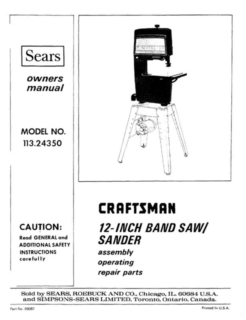 Owner's Manual & Parts List  Sears Craftsman 12" Band Saw - Model 113.24350