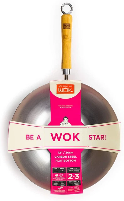 School of Wok - 12"/30 cm acero al carbono wok, parte inferior plana, mango de bambú