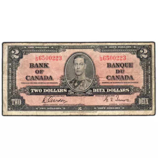 $2 1937 Bank of Canada Note Gordon-Towers L/B Prefix BC-22b
