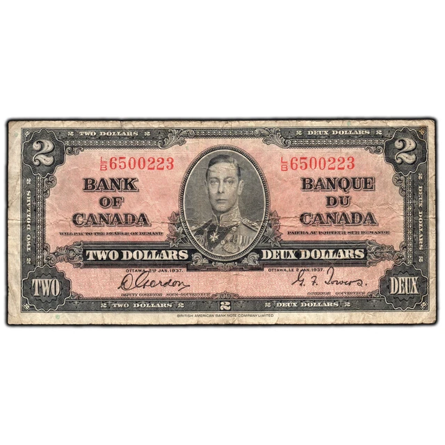 $2 1937 Bank of Canada Note Gordon-Towers L/B Prefix BC-22b