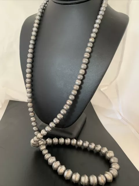 Hand Stamped Bench Navajo Pearls Graduated Sterling Silver Bead Necklace 36” 3