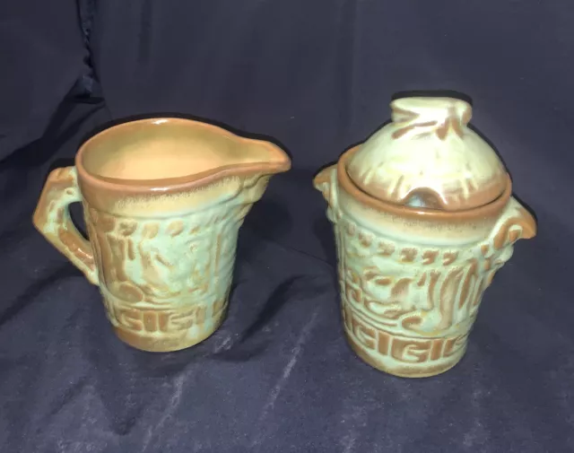 Frankoma Pottery Mayan Aztec Prairie Green Creamer & Lidded Sugar 7A 7B