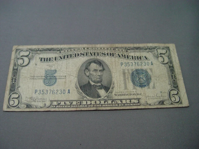1934 C Five Dollar Silver Certificate With A Blue Seal From Washington, D.c.