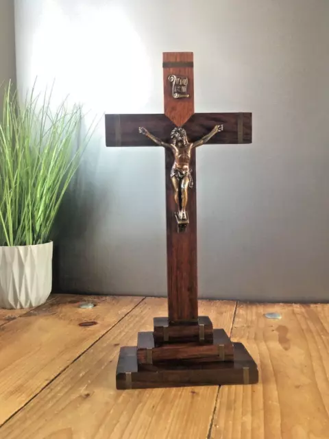 Antique French Art Deco Ecclesiastical Wooden Altar Crucifix Church Cross Jesus
