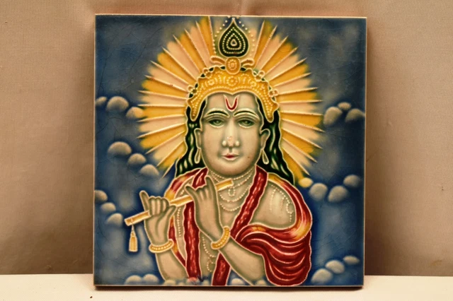 Antique Tile Art Nouveau Majolica Japan Lord Krishna Playing The Flute Porcel"J6 2