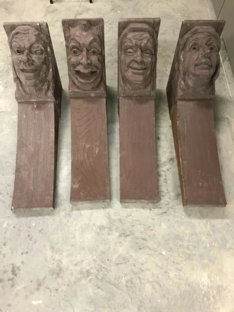 (4) Gothic English Tudor Antique Carved Beams Wood Heads Faces Corbels Salvage