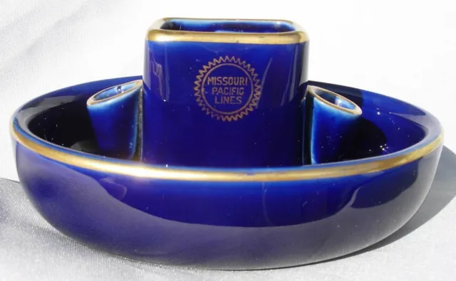 Missouri Pacific Lines Matchstand Ashtray Hall China Cobalt Blue and Gold 3