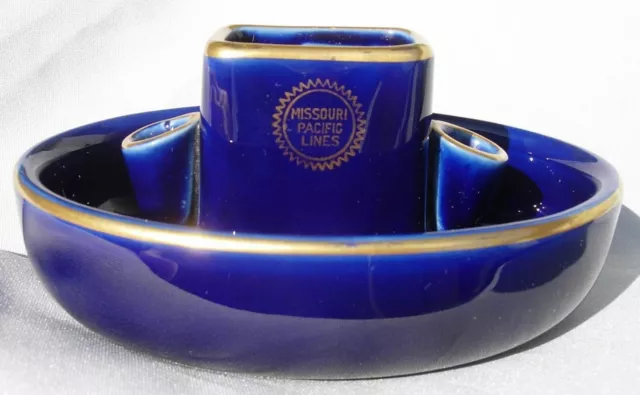 Missouri Pacific Lines Matchstand Ashtray Hall China Cobalt Blue and Gold 3
