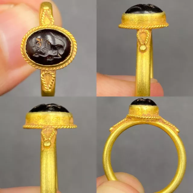 Ancient Roman High Carat Gold Ring With Garnet Intaglio Of A Lion Insert