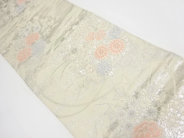 6661547: Japanese Kimono / Antique Fukuro Obi / Woven Kiku & Balloon Flower