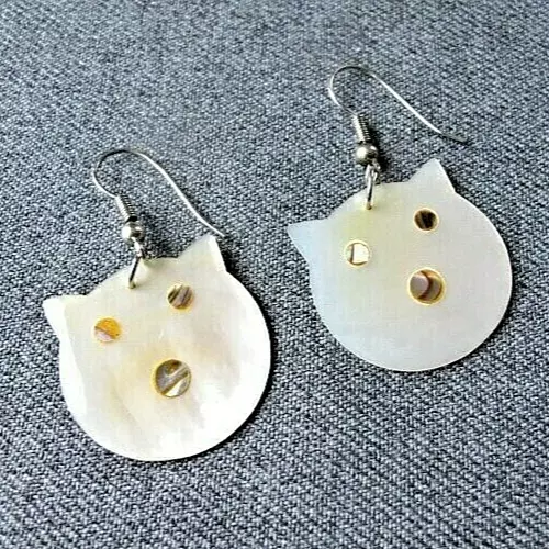 Vintage cute mother of pearl cat kitten earrings