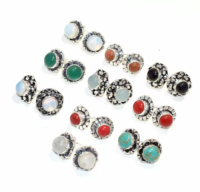 Coral & Mix Gemstone 925 Sterling Silver Plated 10 Pair Women Stud Tops Jewelry