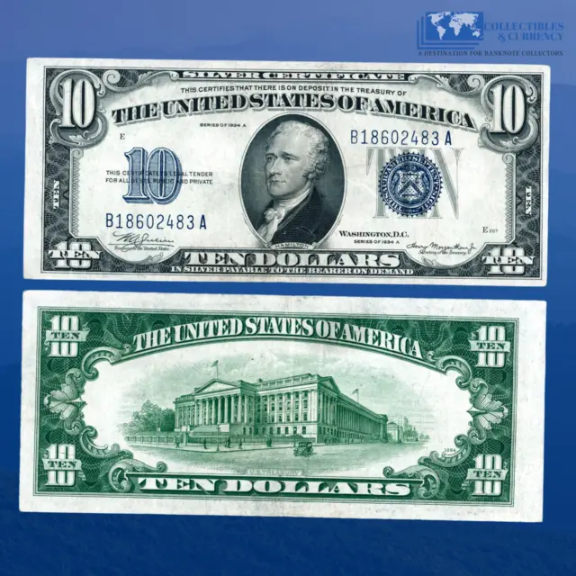 1934A $10 Ten Dollars Silver Certificate Blue Seal, XF Condition #02483
