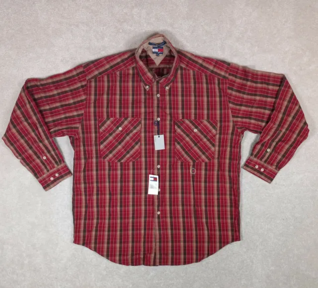 Tommy Hilfiger Men’s XL Long Sleeve Button Up Shirt Red Plaid Pockets