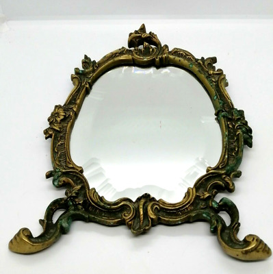 Old French Brass/Bronze Victorian Ornate Table Beveled 11" Mirror Desk glass