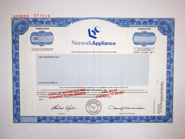 CA. Network Appliance, Inc. 2001 Odd Shrs Specimen Stock Cert, VF ABNC