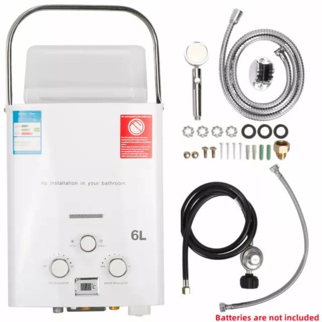 6L Instant Hot Water Heater Kit Portable Tankless Boiler LPG Propane Gas Shower