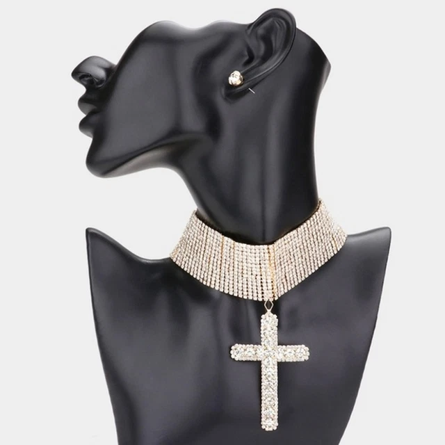 Gold Bubble Crystal Cross Pendant Charm Choker Necklace Big Statement Jewelry