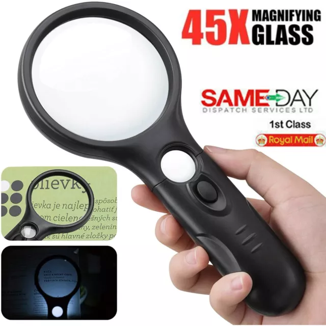 45X Magnifier Handheld Reading Magnifying Glass Jewelry Loupe With 3 LED Light