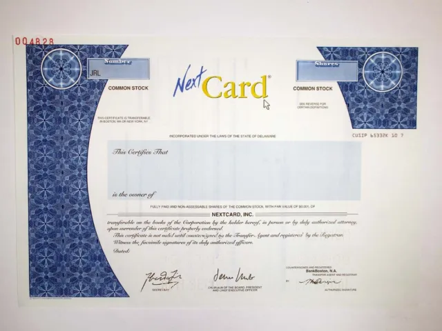 NextCard, Inc. 1999 Odd Shrs Specimen Stock Cert, Unc. IPO Dot Com FRAUD