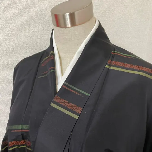 Japanese Silk Kimono Oshima Tsumugi Pongee 164.5cm Lined Pattern