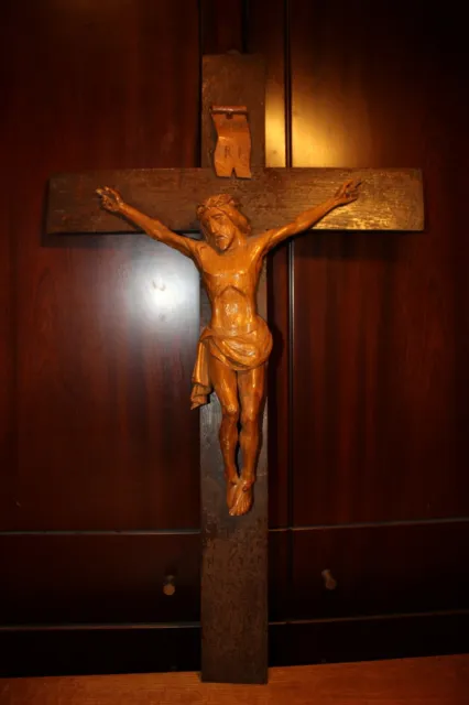 19Th 28" Wood Hand Carved Christian Jesus Christ Cross Crucifix Figure Sculpture