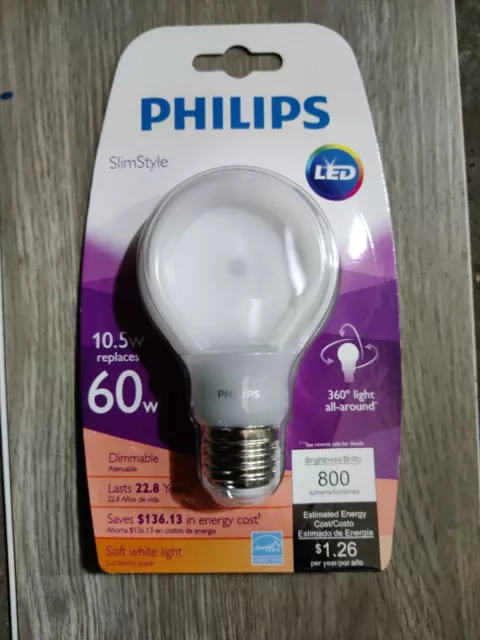 Philips Slim Style 10.5w Replaces 60w Equivalent Soft White Dimmable LED Bulb