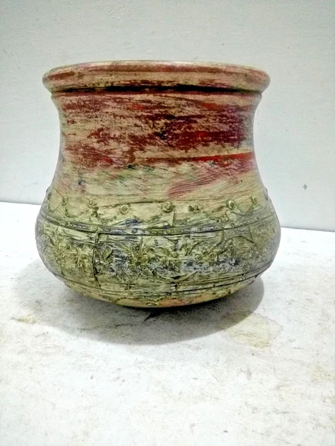 Vintage Old Wooden Brass Fitted Unique Shape Color Painted Flower Pot