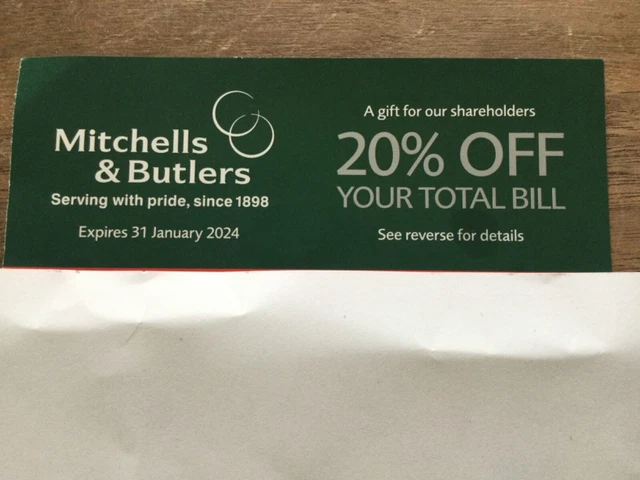 1 x A4 Sheet Of Paper And Mitchells & Butlers Voucher 20% Off FREEPOST 3