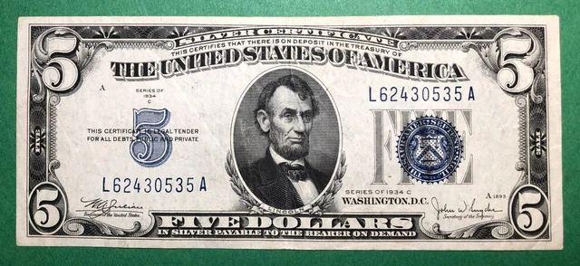 1934 C - $5 - Silver Certificate - Blue Seal - Very Fine