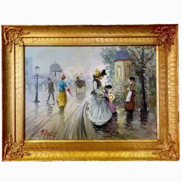 quadro dipinto ad olio su tela paesaggio impressionista con cornice stile antico