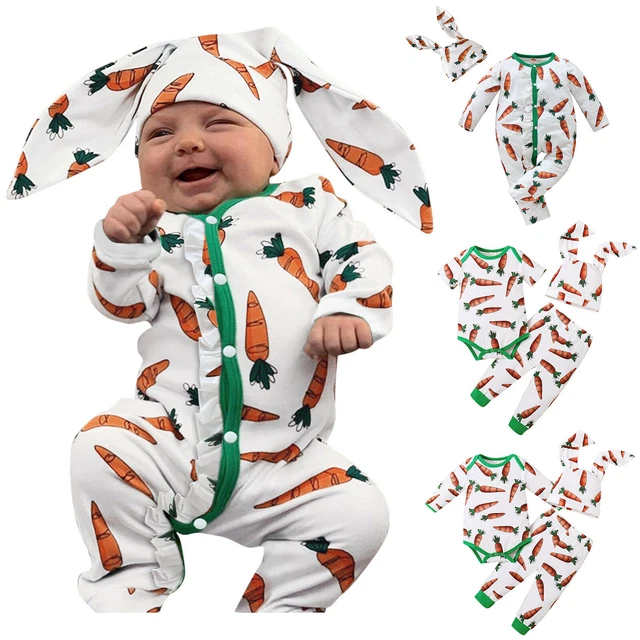 Infant Baby Easter Carrot Print Outfit Romper Jumpsuit Bunny Rabbit Ear Hood Hat