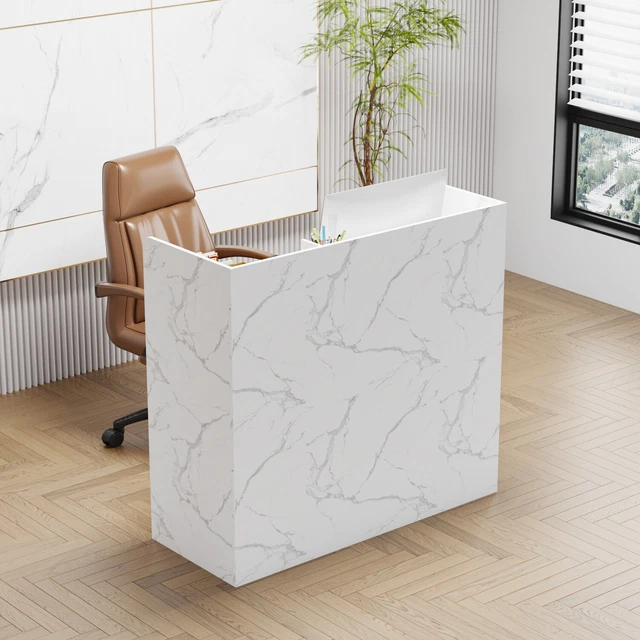 Front Desk,Retail Checkout Reception Counter,Simple Cashier Desk With Lockable Drawers ,Office Reception Desk For Small Spaces For Salon Lobby Checkout Reception Room Office(Marble White,31.5in