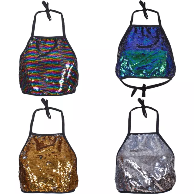 Metallic Halter Neck Top Vest Crop Open Back Club Festival Party Sequin Womens