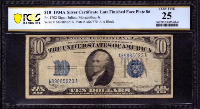 1934 A $10 Silver Certificate Note Fr.1702 Late Finished Plate 86 Pcgs B Vf 25