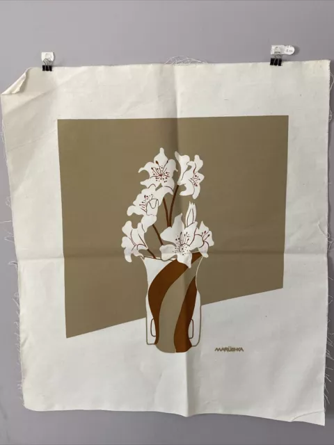 Vintage 1970s Linen Textile Fabric Lilies Art Screen Print Marushka  19”x 22”