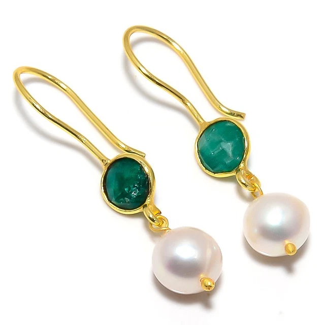 Green Jade, Pearl Gemstone 925 Sterling SilverJewelry Earring 1.42 " v209