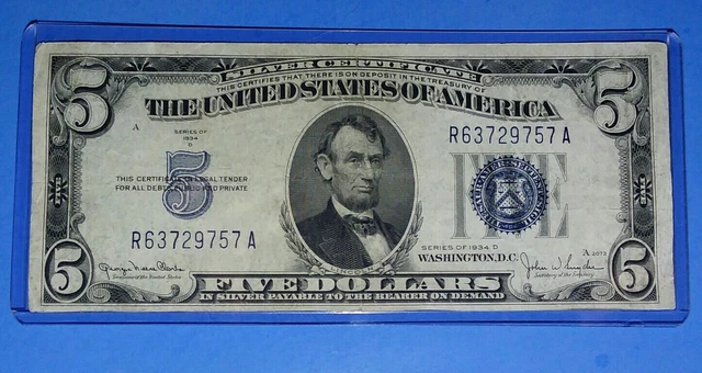*1934-D ! $5 Silver Cert! Vf. Circ. ! Old Us Currency!  Nice !