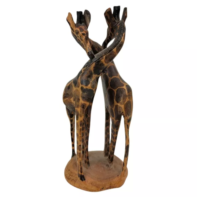 Carved Wooden 2 Giraffes Pair Entwined Twin Couple Giraffe Safari Statue Figures