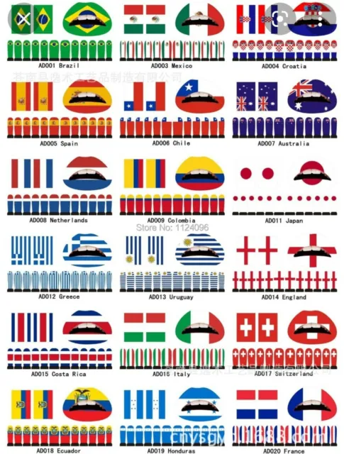 Big Lot World Cup Countries Flags Face Nails lips Eye  Art Tattoo Sticker Safe