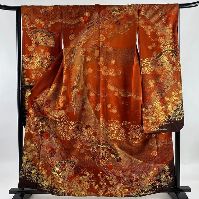 Japanese Silk Gorgeous Kimono Vintage Furisode Long Sleeves Gold Silver Red 63"
