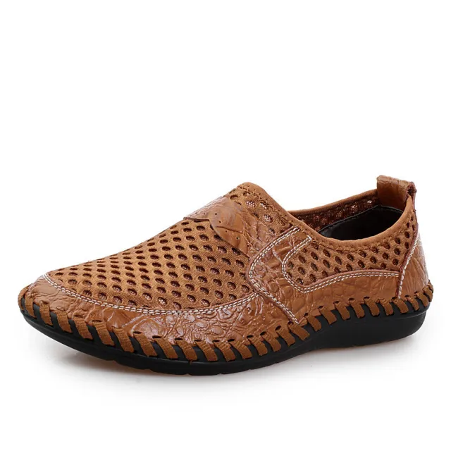 Mens Summer Breathable Driving Slip on Loafers Leather Mesh Casual Shoes Shoes