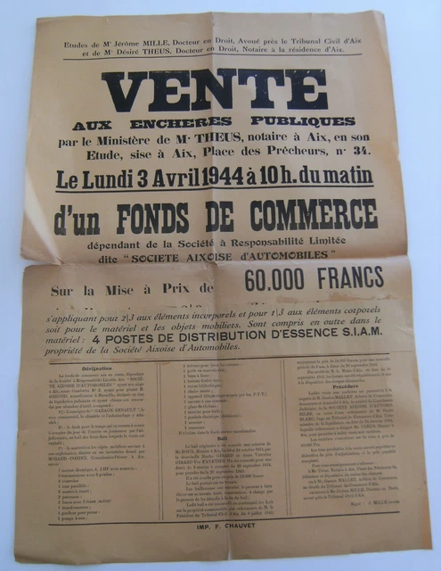 Affiche vente enchère commerce société aixoise d'automobile 1944 vintage rétro