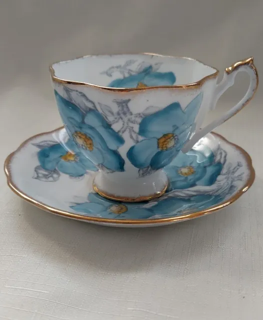 Queen Anne Teacup &  Saucer MAGNOLIA  BLUE Fine Bone China England Floral Blue