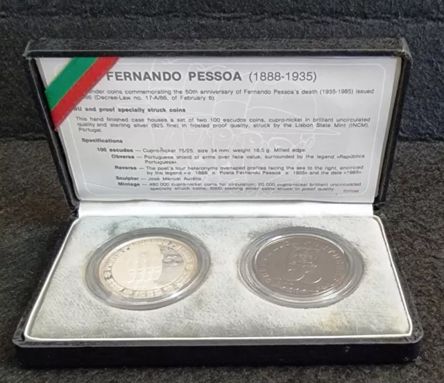 Raro Portugal 1985 / 100 Escudos Bu Y Monedas De Plata Proof Fernando Pessoa