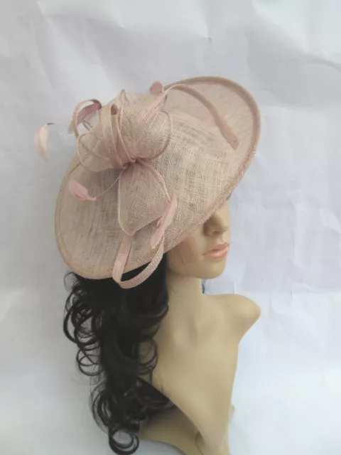 NEW OYSTER PINK SINAMAY & FEATHER FASCINATOR HAT.Shaped saucer disc,Wedding.