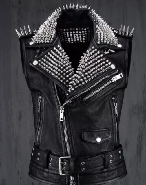 New Men's Black Punk Rock Silver Metal Spiked Studded Motorcycle Leather Vest