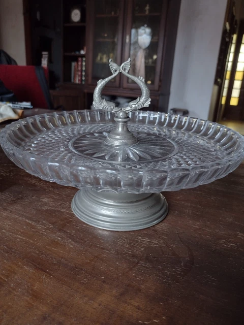 Alzata centrotavola vintage anni '50, base in peltro 95% e piatto in cristallo