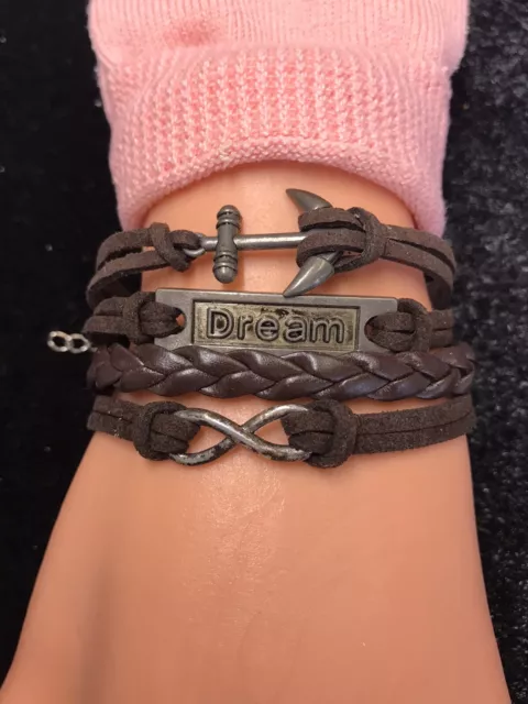 Fashion Leather Wrap Charm Bracelet In Brown & Silver with Infinity Anker Dream